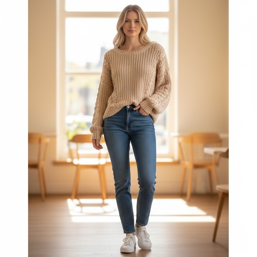 POL Womens Beige Chenille Cable Knit Chunky Pullover Sweater FST296 Size Small